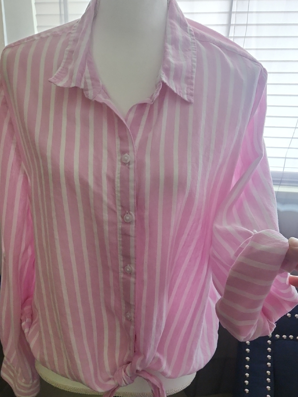 Women’s Pink & White Stripe Button-Front Blouse